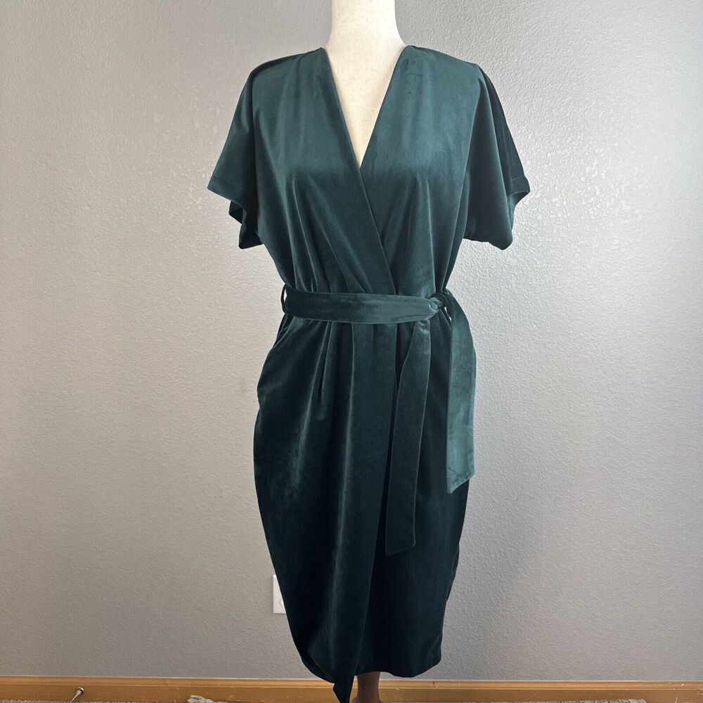 Closet London Kimono Sleeve Velvet Midi‎ Dress Size 10 Wrap Tie Emerald Green